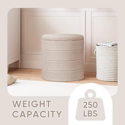 PINPLUS Round Folding Storage Ottoman, Beige Boucle Footstool