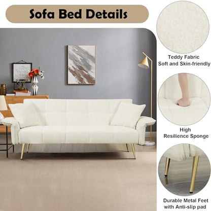 70.1" Convertible Futon Sofa Bed, Teddy Loveseat Couches, Beige