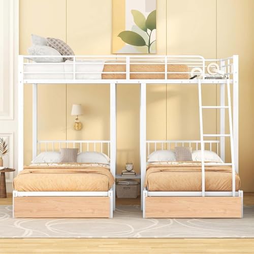 MERITLINE Detachable Full Over Twin & Twin Bunk Bed with Storage and Ladder,Metal Triple Bunk Bed with Drawers and Guardrails,Space-Noise Free, No Box Spring Needed (White)