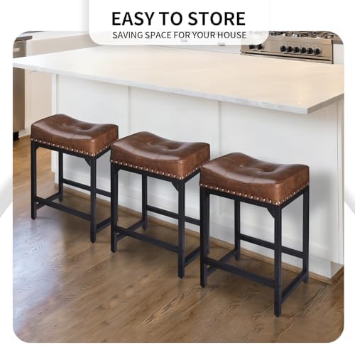 Bar Stools Set of 3, Counter Height Bar Stools for Kitchen Counter, 24 Inch Saddle Backless Barstools Kitchen Stool, Counter Height Stool for Dinning Room, Island-Brown
