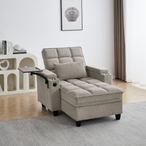Convertible Sleeper Chair, Pull Out Sofa Bed with Adjustable Backrest & Hidden Storage Armrest, Single Sofa Recliner with USB Charging Port & Cup Holders for Living Room, Bedroom, Khaki