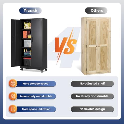 Yizosh Black Wheeled Metal Garage Storage Cabinet,Lockable Storage Cabinet