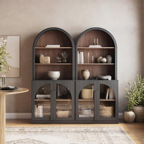 BELLEZE Arched Bookshelf with Glass Doors Set of 2, 71" Tall Wood Display Cabinet with Adjustable Shelf and Hutch, 5 Tier Modern Bookcase Shelf with Storage for Living Room Office, Ebony
