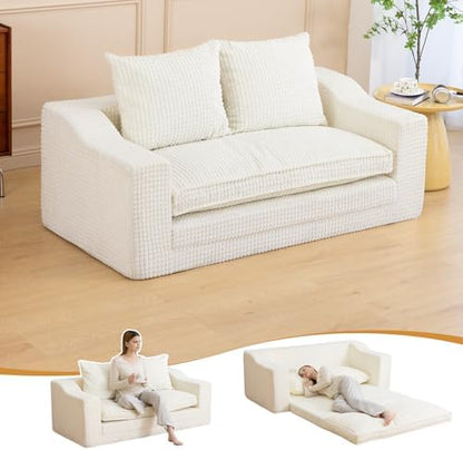 61" Boneless Loveseat Sleeper, Folding Sofa Bed with Corduroy Cover, Beige