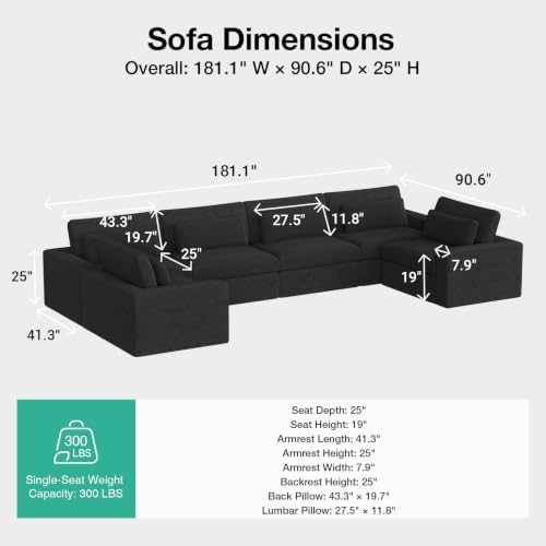 Novilla 181" Deep Seat Modular Sectional Sofa, Removable Washable Covers, U Shape 6 Seater Cloud Couch with Lumbar Pillows, Chenille Boneless Couch Dark Gray, No Assembly Required