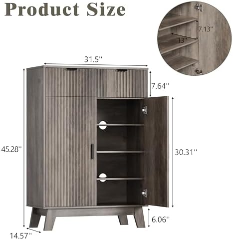 4 Tier Fluted Shoe Cabinet Storage for Entryway, Grey
