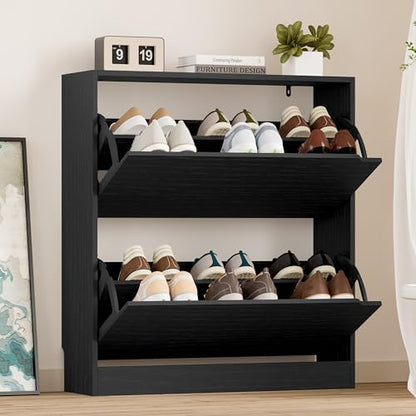 Black shoe rack with shoes on a wooden floor against a beige wall.