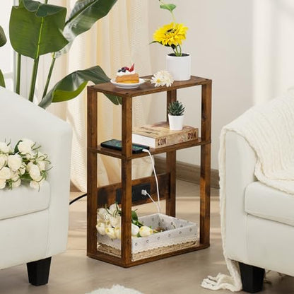 YUFAM 3-Tier Narrow Bedside Table with Charging Station, Skinny Nightstand