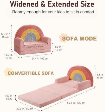 2-in-1 Extra Large Kids Couch Fold Out, Soft Kid Sofa for Playroom, Pink