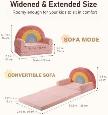2-in-1 Extra Large Kids Couch Fold Out, Soft Kid Sofa for Playroom, Pink