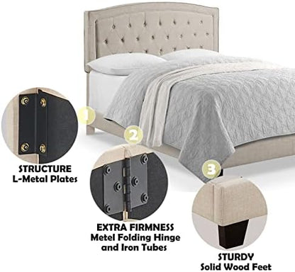 Rosevera Layla Panel Bed Frame with Adjustable Button-Tufted Headboard for Bedroom/Linen Upholstered/Wood Slat Support/Easy Assembly,Queen,Linen Beige