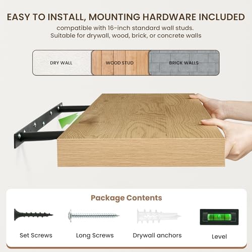 FLYJOE 12 Inch Deep Floating Shelves, 12'' x 12'' Oak Shelves Set of 2