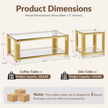 Gold Glass Coffee Table Set of 3, End Table Modern Living Room Table Set Rectangle Clear Tempered Glass Luxury Stainless Steel Leg, Center Side Table for Home (Gold, 43" Set of 3)