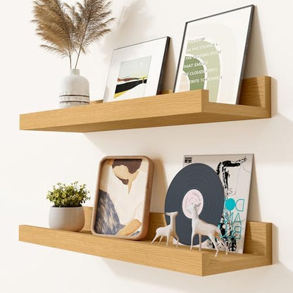 Heimlove Picture Ledge Shelf, Small Floating Shelves Set of 2, 16 Inches Picture Shelf for Wall with Ledge, Kids Bookshelf Wall Mounted for Living Room Bedroom Decor，Oak Color