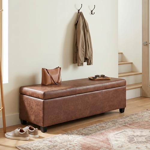 SIMPLIHOME Avalon 48" Vegan Leather Ottoman in Distressed Pecan Brown