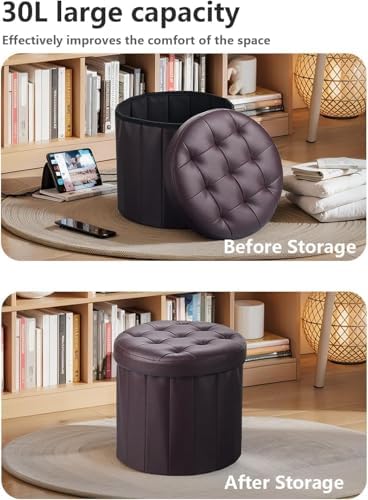 Bsketa Round Storage Ottoman, 14" Folding Leather Foot Rest, Brown 2 Pack