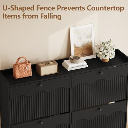 BORNOON Large Shoe Storage Cabinet with 6 Flip Drawers and Modern Wave-Edge Fluted Panels, High-Capacity Slim Shoe Rack for Entryway, Freestanding Organizer with Adjustable Shelves and Anti-Tip Kit