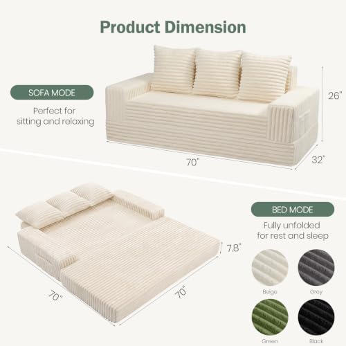 70" Convertible Sofa Bed, Corduroy Boneless Couch with Pocket