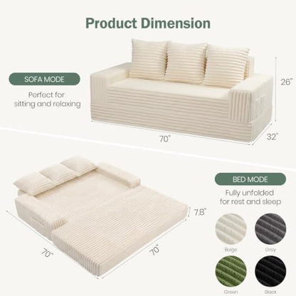 70" Convertible Sofa Bed, Corduroy Boneless Couch with Pocket