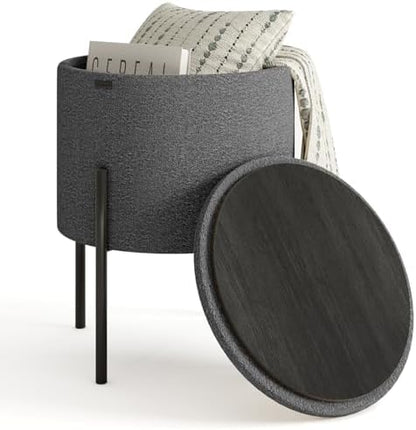 Round Ottoman with Storage, Boucle Storage Foot Stool, Makeup Vanity Stool, Small Ottoman Foot Rest, Modern Ottomans for Living Room and Bedroom, Grey