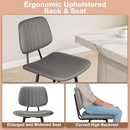 Raynesys 24-Inch Leather Bar Stools Set of 2 with High Backrest, Grey