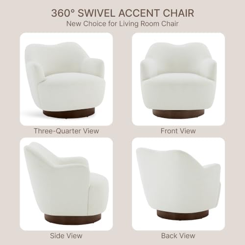 Swivel Accent Chair with Curved Arms, Wooden Base, Cream White, Set of 2