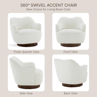 Swivel Accent Chair with Curved Arms, Wooden Base, Cream White, Set of 2