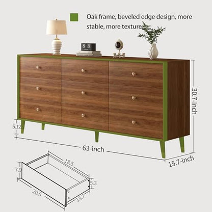 Dresser for Bedroom, 63 Inch 9 Drawer Wooden Chest of Drawers