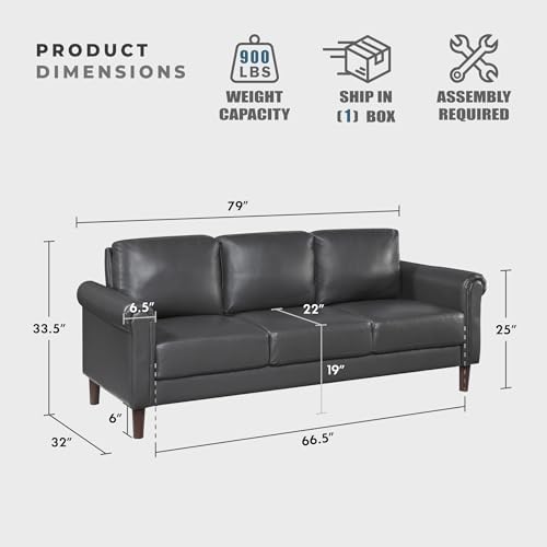 Lexicon Faux Leather Sofa, 3 Seater Couch, Dark Gray