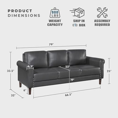 Lexicon Faux Leather Sofa, 3 Seater Couch, Dark Gray