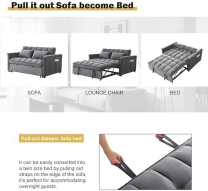 3 in 1 Convertible Sofa Bed, Love Seat Sleeper Bed with Side Pockets, Velvet Fabric Pull Out Couch with Adjustable Backrest for Living Room, Bedroom, Gray Apartment, Gray
