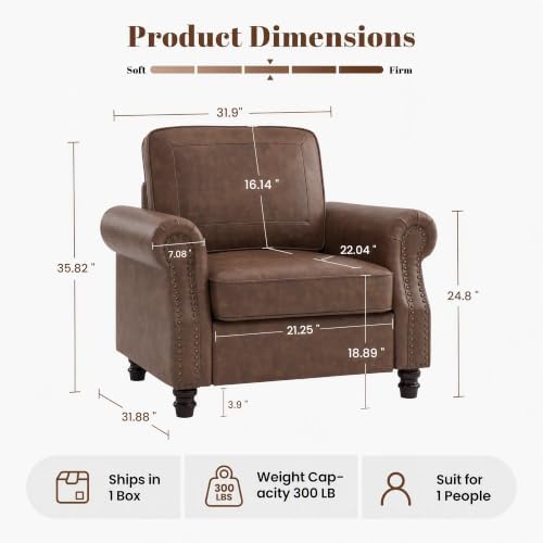 Kingfun Faux Leather Accent Chair with Rolled Arms,Mocha
