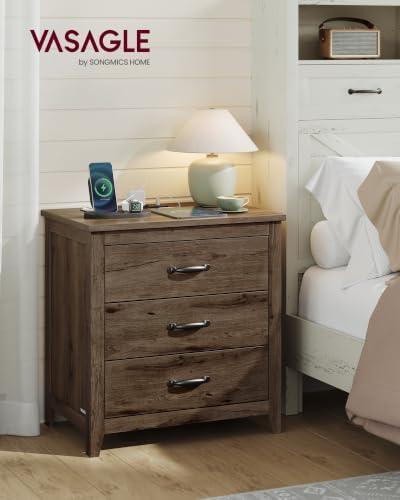 VASAGLE Farmhouse Nightstand with Charging Station, Set of 2, 3 Drawers