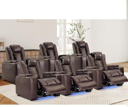 ANJ Power Recliner Chair Set of 6, Electric Recliner with Adjustable Headrest, Dual Motor Home Theater Seating with USB Port, Cup Holders, LED Lights, Hidden Arm Storage – PU Leather,Brown