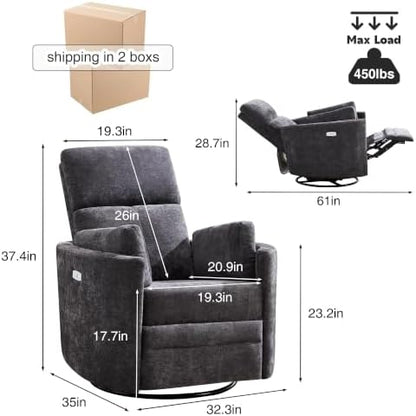 Power Recliner Nursery Swivel Rocking Glider Chair,Upholstered Electric Adult Nursing Recliner Rocker Chair with USB Port with 2 Pillows for Nursery Living Room Bedroom (Dark Grey,Power-Driven)