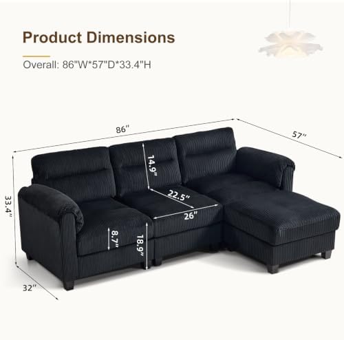 HAOMARKETS 90" Wide Modular L Shaped Sofa Couch with Movable Ottoman, Convertible Corduroy Sectional Couches with Reversible Chaises and Rolled Arm for Living Room,Black