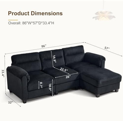 HAOMARKETS 90" Wide Modular L Shaped Sofa Couch with Movable Ottoman, Convertible Corduroy Sectional Couches with Reversible Chaises and Rolled Arm for Living Room,Black