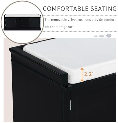 GDFStudio Rustic Storage Bench with 4 Doors 2 Draws Adjustable Shelves Removable Cushion Rectangular Cabinet Foot Rest Stool Solid Wood Shoe Bench Seating for Entryway Living Room, Black