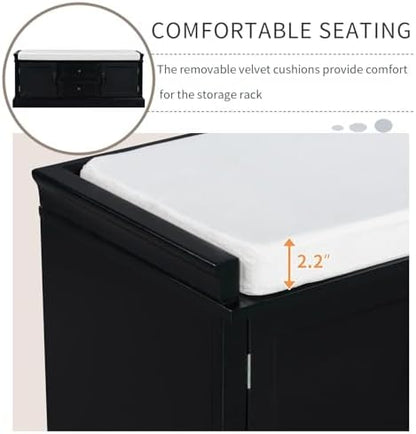 GDFStudio Rustic Storage Bench with 4 Doors 2 Draws Adjustable Shelves Removable Cushion Rectangular Cabinet Foot Rest Stool Solid Wood Shoe Bench Seating for Entryway Living Room, Black