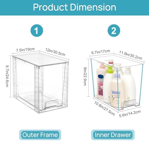 Vtopmart 2 Pack Clear Stackable Storage Drawers,9.7" High Plastic Organizers Bins for Skincare, Bathroom Supplies,Ideal for Cabinet,Undersink,Vanity,Kitchen,Pantry Organization