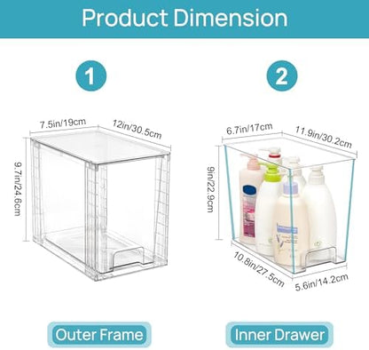 Vtopmart 2 Pack Clear Stackable Storage Drawers,9.7" High Plastic Organizers Bins for Skincare, Bathroom Supplies,Ideal for Cabinet,Undersink,Vanity,Kitchen,Pantry Organization