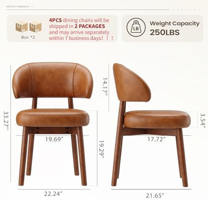 MALOL Wooden Dining Chairs Set of 4, Modern Upholstered Dining Room Kitchen Side Chairs with Curved Open Back for Living Room/Restaurant/Cafe, Brown