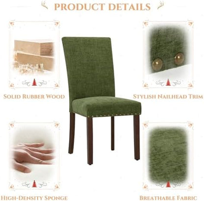 Parsons Dining Chairs Set of 4, Upholstered Nailhead Dining Room Kitchen Side Chair with Thick Cushions and Wood Legs, Green