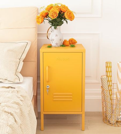 Single Door Coffee Table Lockable Metal Storage Cabinet, 2-Tier Children's Nightstand with Adjustable Shelf, Easy Assembly Side Table for Home, Office, Entryway & Hallway Yellow