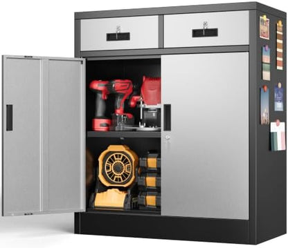 BESFUR Metal Storage Cabinet with Doors and Shelves, 36" H Locking Storage Cabinet with 2 Drawers, Reinforced Heavy Duty Metal Cabinets for Garage, Office, Home(Black and Silver)