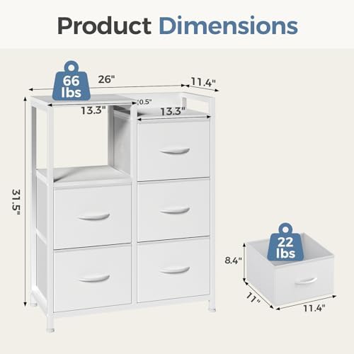 DUMOS White Dresser for Bedroom, 5 Drawer Small Fabric Closet Dresser