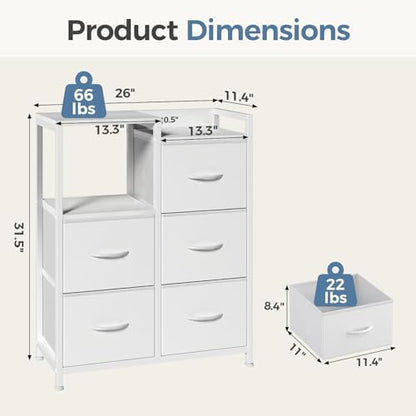 DUMOS White Dresser for Bedroom, 5 Drawer Small Fabric Closet Dresser