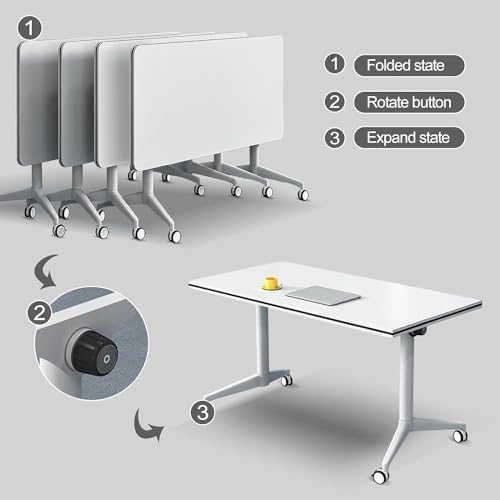Conference Table, Folding Conference Room Tables on Wheels, Modern Meeting Seminar Table Computer Desk, Boardroom Desk for Office Meeting Conference Room,White,6 Pack 70.8inch