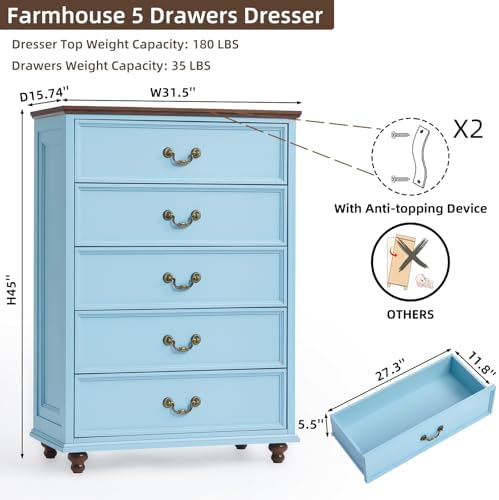 Joaxswe Farmhouse 5 Drawer Dresser for Bedroom, 45" Tall Rustic Chests of Drawers w/ 4 Solid Wood Feet, Mid Century Modern Wooden Closet Storage Dressers Organizer for Living Room, Hallway, Light Blue