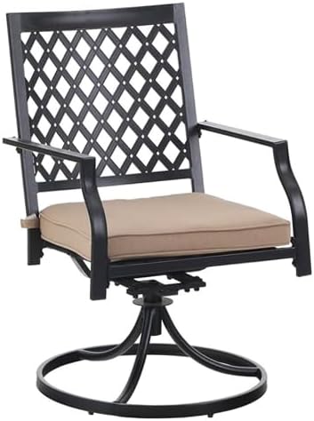 PHI VILLA 5 Pieces Outdoor Dining Set for 4, 37" Black Metal Table with Umbrella Hole & Swivel Wrought Iron Chairs with Cushions, Outside Furniture for Patio, Deck, Yard, Porch